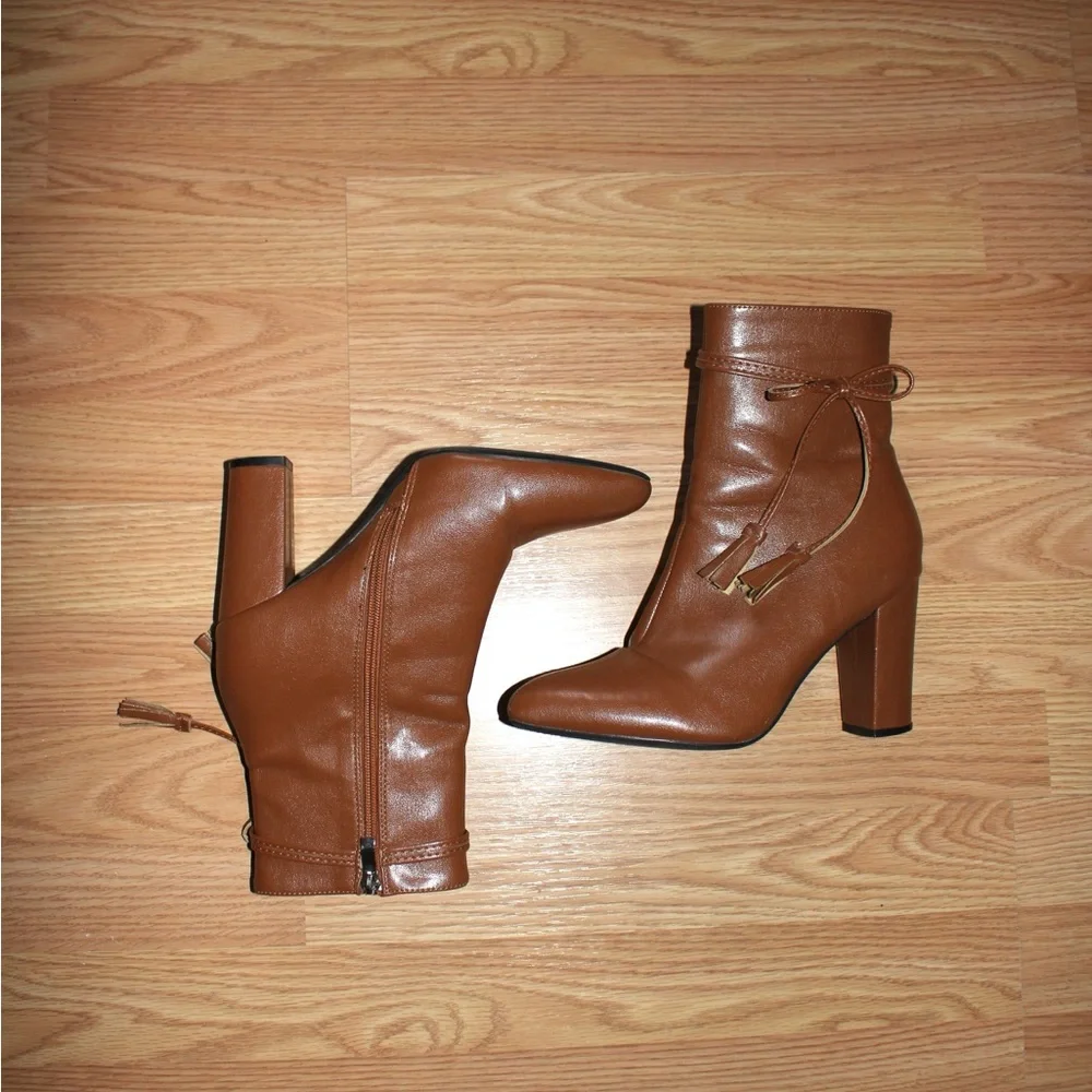 Brown Ankle Boots with Fringe Tie Detail - Picture 1 of 5